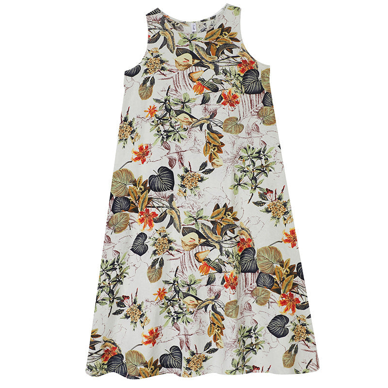 Sarah Express Women's Printed Cotton Linen Maxi Dress - Sleeveless Round Neck Bohemian Plus Size