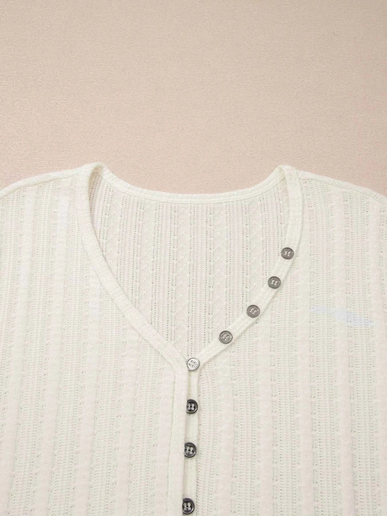 Sarah Express Women's Textured Button V-Neck Henley Tee - Casual Short Sleeve Top