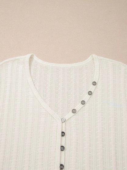 Sarah Express Women's Textured Button V-Neck Henley Tee - Casual Short Sleeve Top