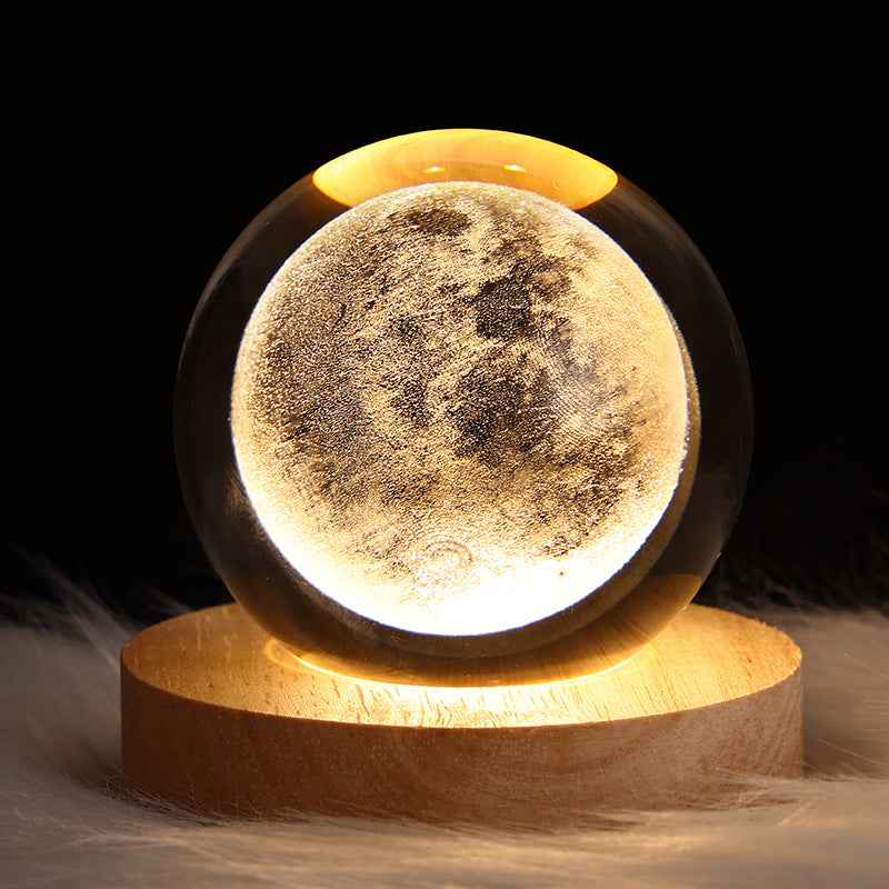 Sarah Express 3D Crystal Ball Night Light - Luminous Planetary Moon Galaxy Projection Lamp with Wooden Base Solid Wood Lamp Holder Moon 6CM