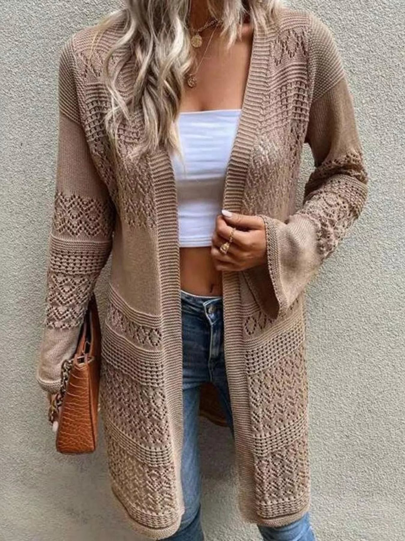 Sarah Express Women's Openwork Open Front Knit Cardigan