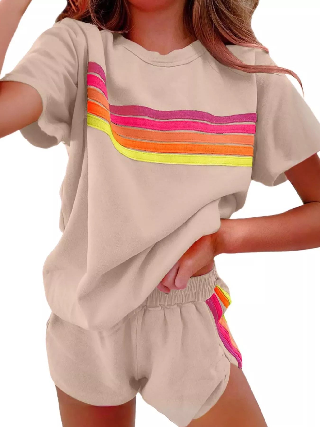 Sarah Express Women's Rainbow Striped Two Piece Set - Round Neck Top & Shorts Lounge Set Khaki Suit