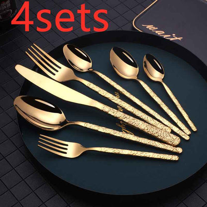 Sarah Express Premium Stainless Steel Steak Knife Fork Set - Embossed Handle Western Cutlery Gold 7PCS 4sets