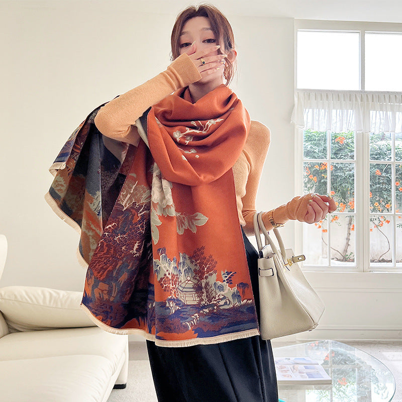 Sarah Express Vintage Plum Scarf Women's Imitation Cashmere Thickened Winter Shawl Wrap