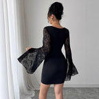 Women's Bell Sleeve Lace Square Collar Hip Dress