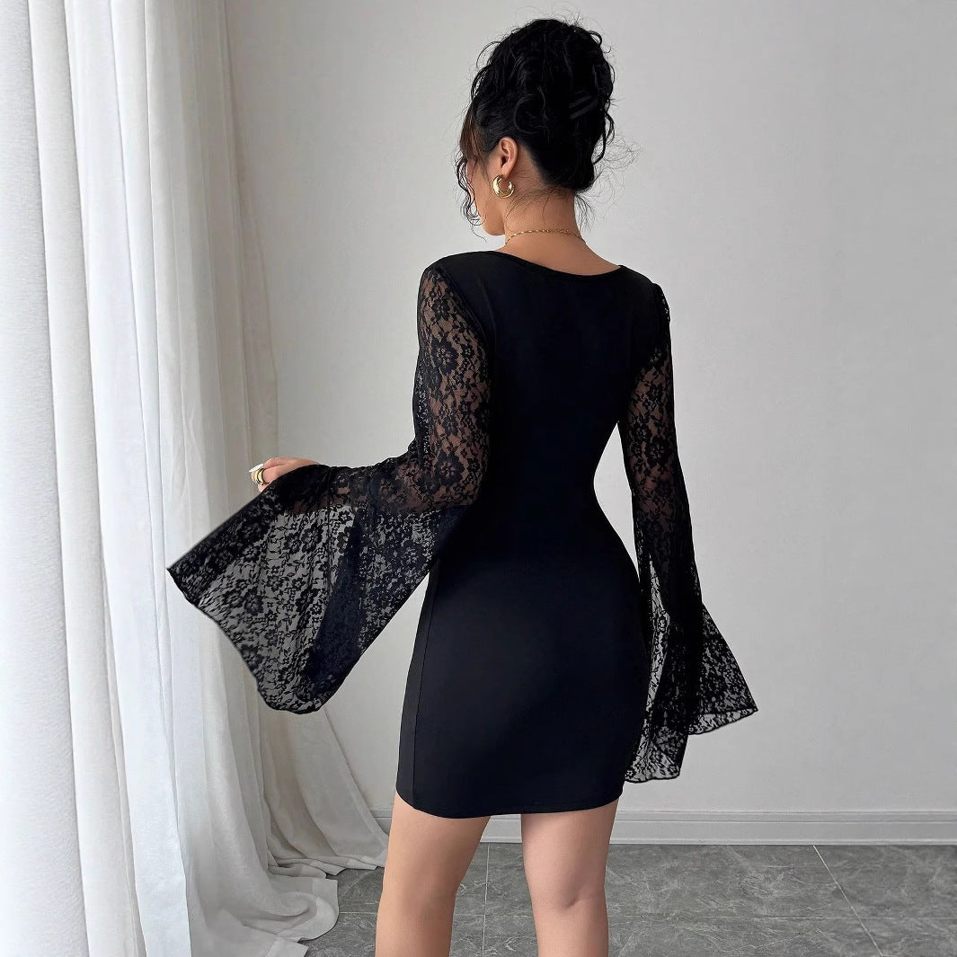 Women's Bell Sleeve Lace Square Collar Hip Dress