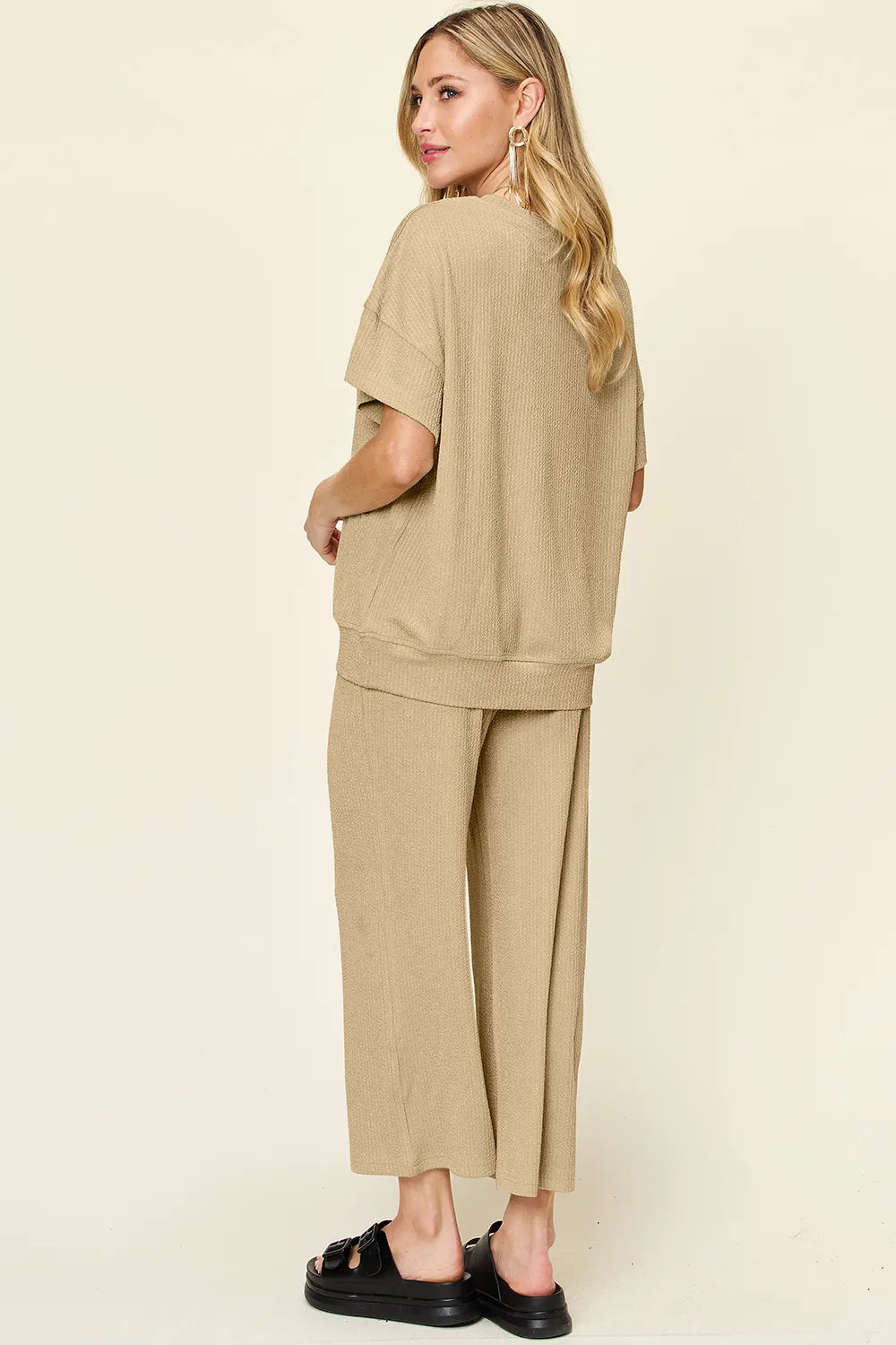 Sarah Express Women's Textured Round Neck T-Shirt and Wide Leg Pants Set