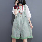 Sarah Express Women's Striped Denim Shortalls High Waist Wide Leg - Summer Casual Urban Overalls