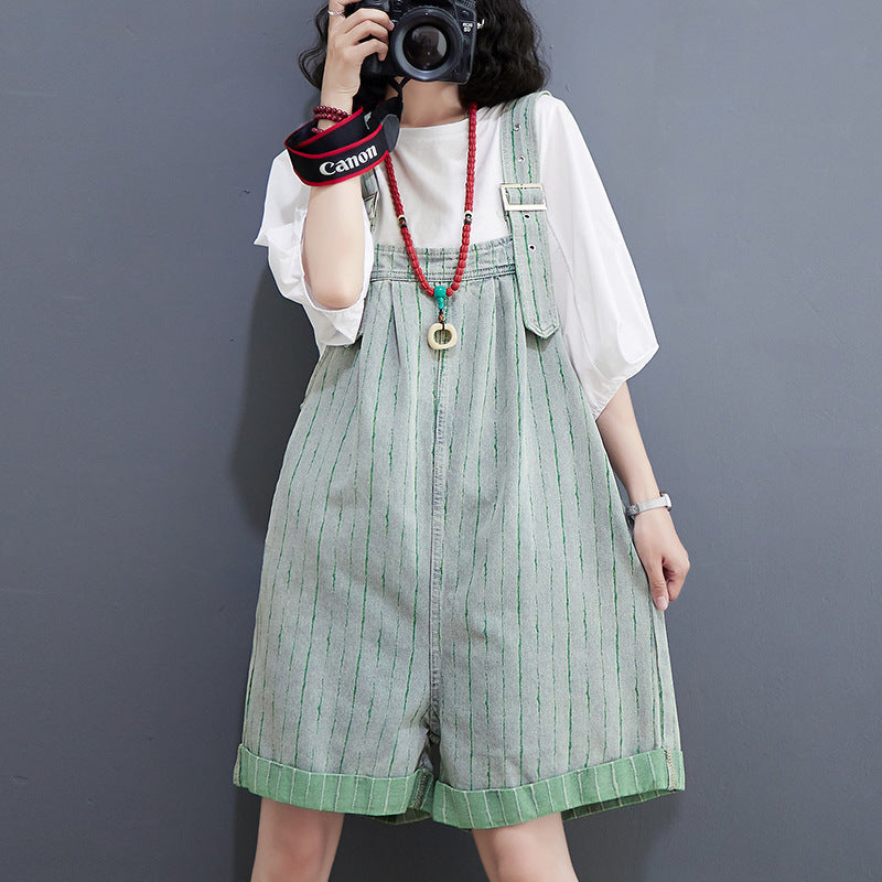 Sarah Express Women's Striped Denim Shortalls High Waist Wide Leg - Summer Casual Urban Overalls
