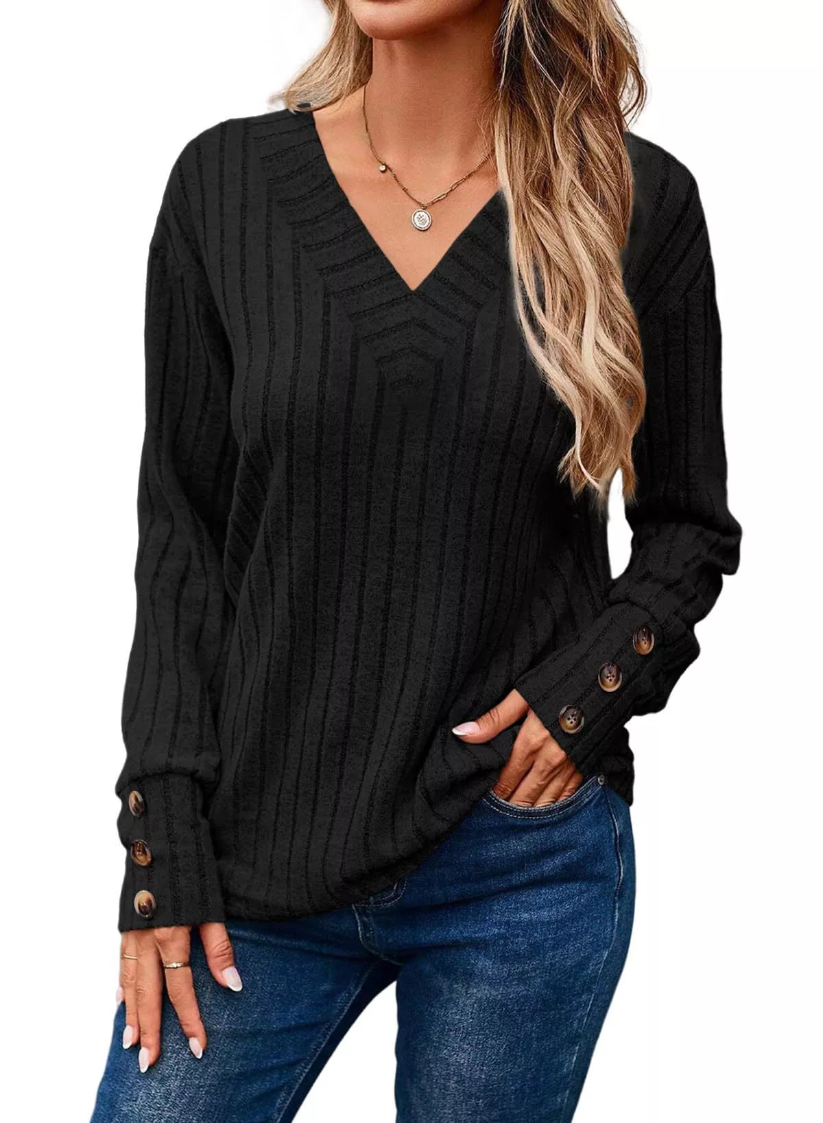 Sarah Express Women's Ribbed Knit V-Neck Top with Decorative Buttons
