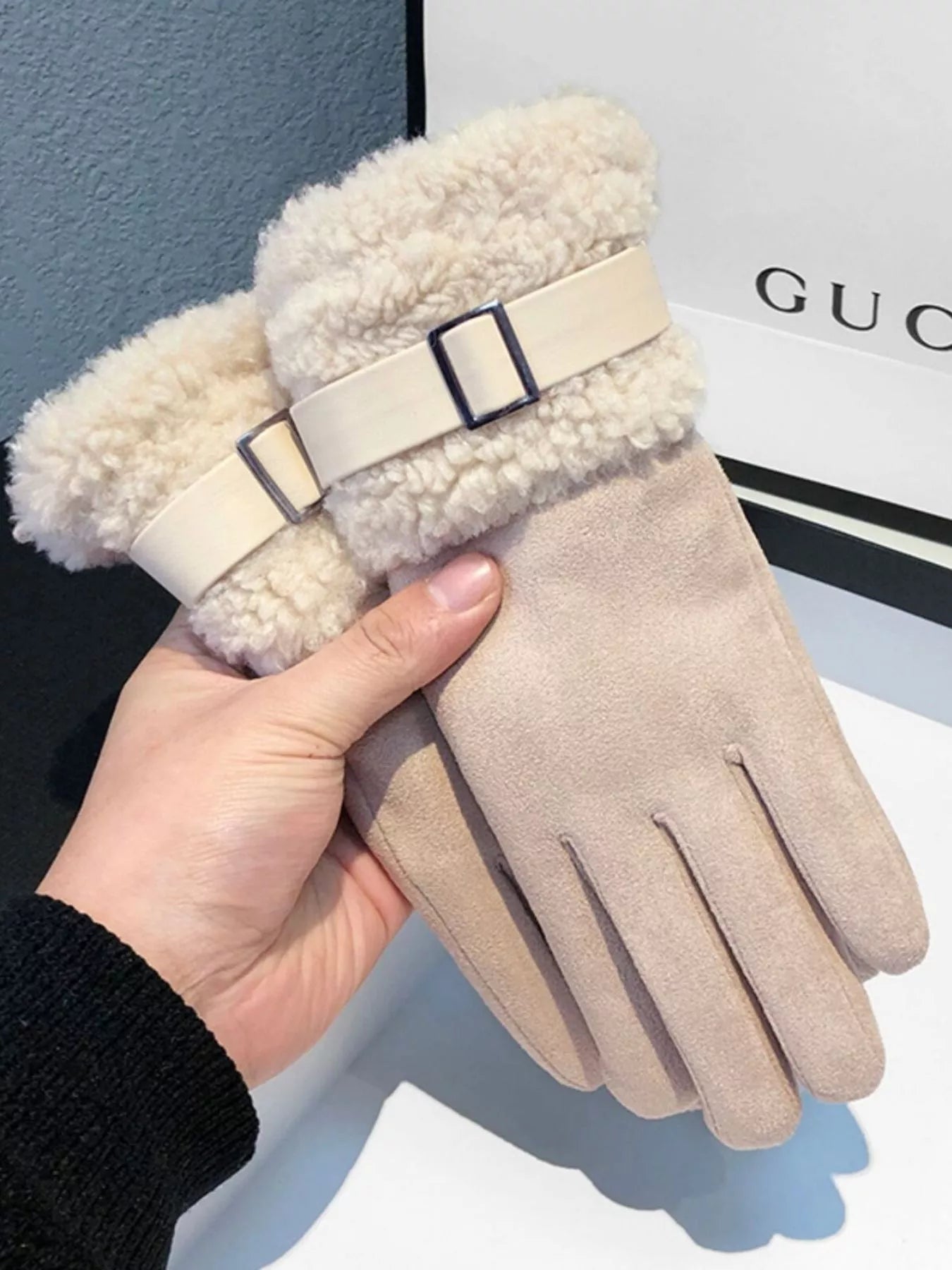 Sarah Express Women's Suede Gloves with Faux Fur Cuff - Winter Warm Touchscreen Compatible Beige ONESIZE