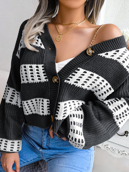 Sarah Express Women's Color Block Lantern Sleeve Cardigan Sweater Coat - Designer Knitwear