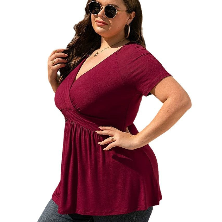 Sarah Express Women's V-Neck Short Sleeve T-Shirt with Pleated Detail Pullover Top