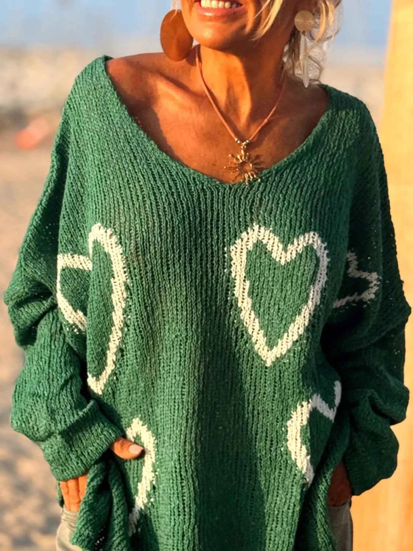 Sarah Express Women's Heart Pattern V-Neck Sweater Dropped Shoulder Openwork Knit Green