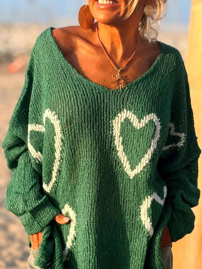 Sarah Express Women's Heart Pattern V-Neck Sweater Dropped Shoulder Openwork Knit Green