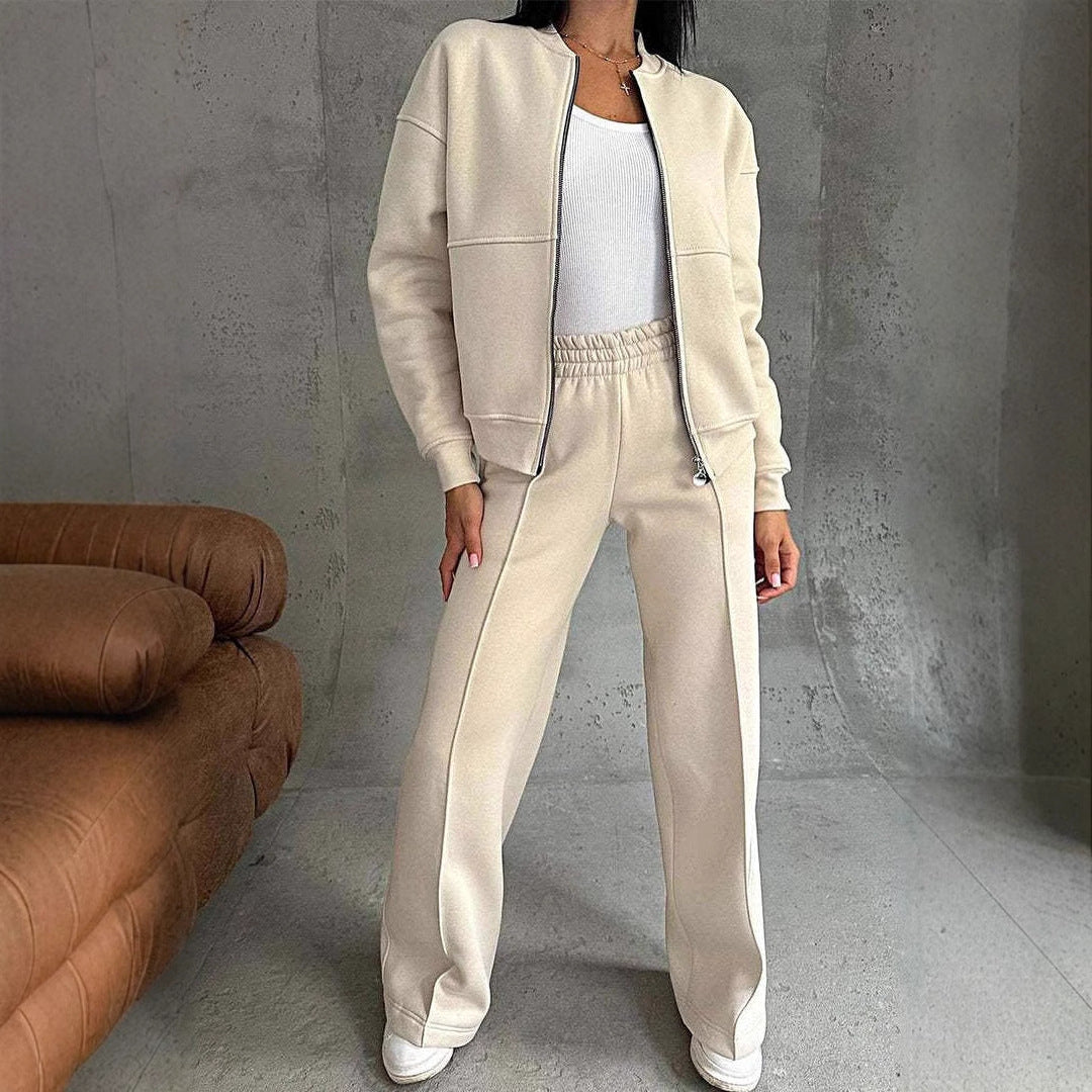 Sarah Express Women's Athleisure Tracksuit Set - Zipper Jacket & Wide Leg Pants Two Piece Outfit OFF White