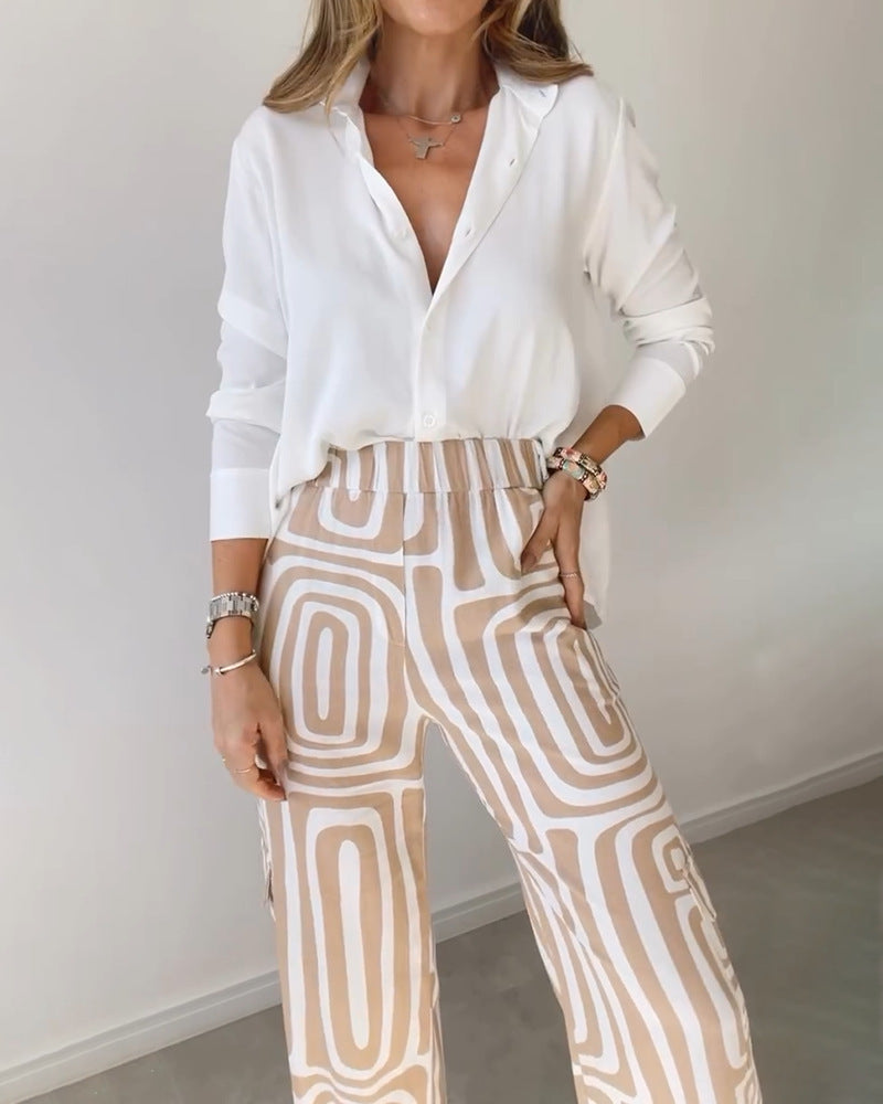 Sarah Express Women's 2-Piece Suit Set Lapel Shirt Wide Leg Pants Printed