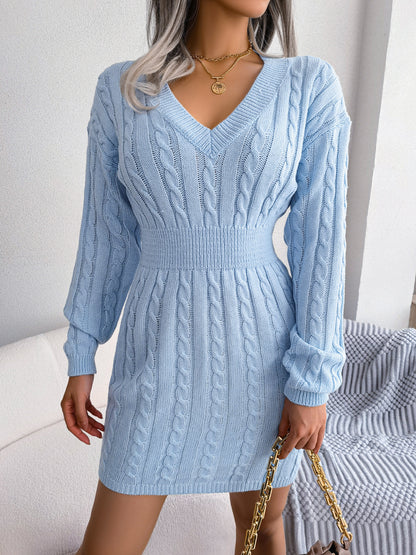 Sarah Express Women's Cable Knit Bodycon Sweater Dress - Cinched Waist V-Neck Lantern Sleeve