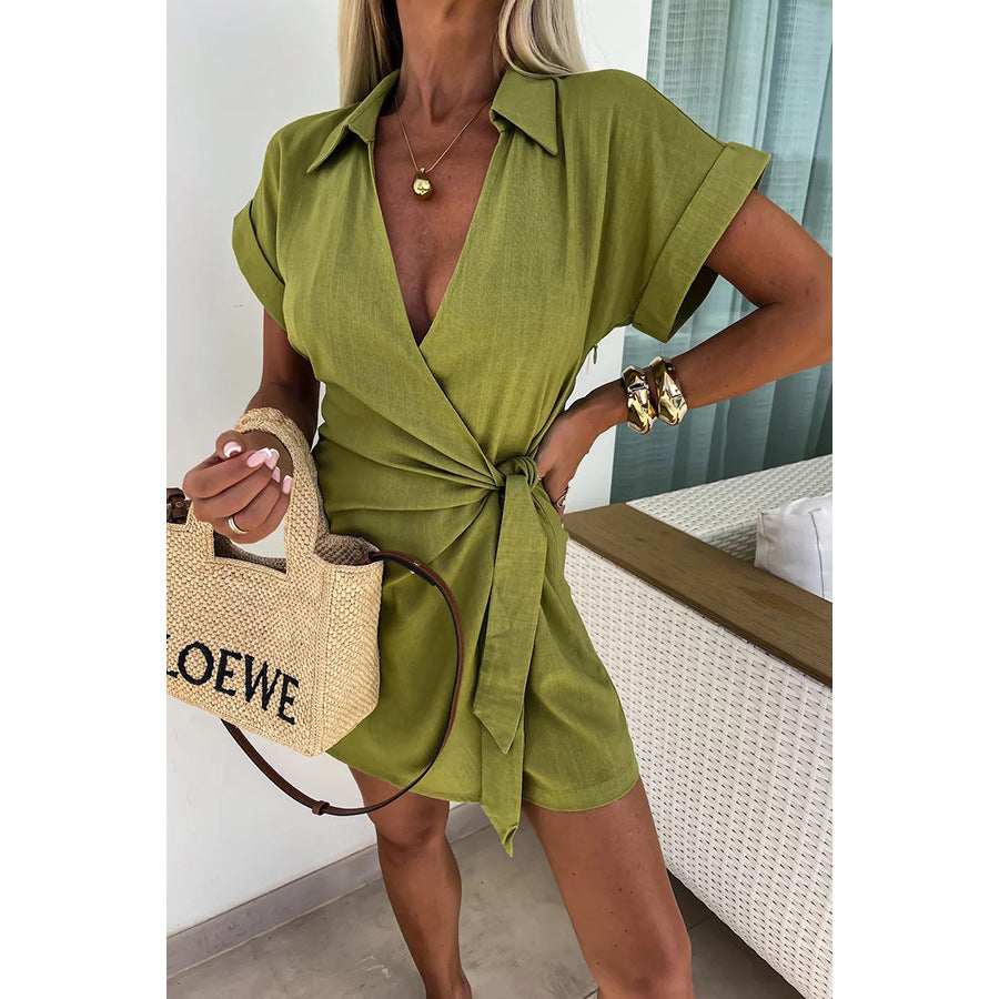 Sarah Express Lace-Up Collar Jumpsuit Romper Shorts Casual Vacation One Piece