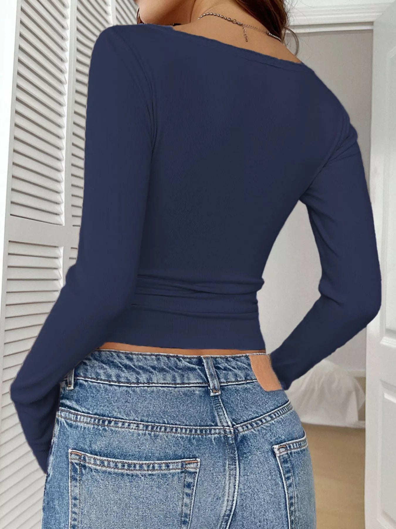 Sarah Express Women's Ribbed Knit Lace Trim Long Sleeve T-Shirt - Buttoned Casual Top