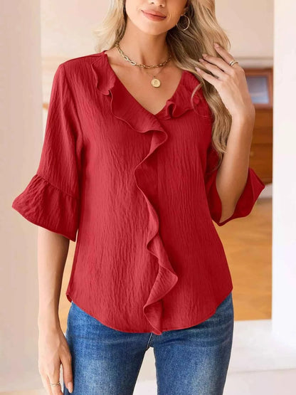 Sarah Express Women's Ruffled Flounce Sleeve Blouse - Elegant Polyester Top Red