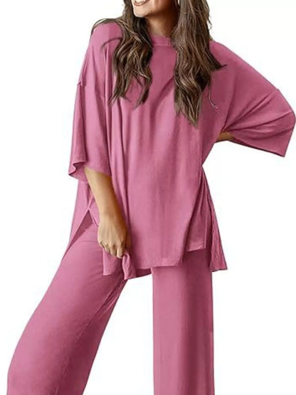 Sarah Express Women's Two Piece Slit Round Neck Top and Pants Set - Casual Loungewear Outfit Dusty Pink