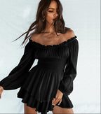 Sarah Express Off-Shoulder Pleated Ruffled Romper Long Sleeve Wide Leg Jumpsuit