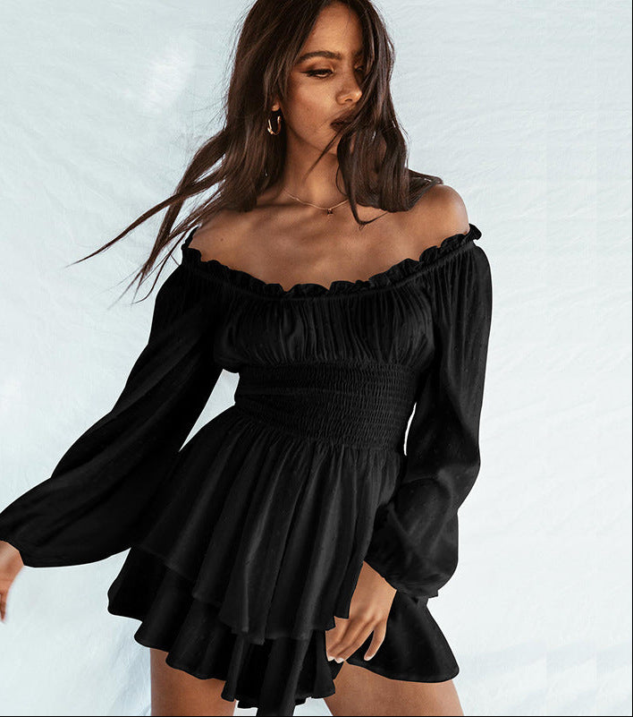 Sarah Express Off-Shoulder Pleated Ruffled Romper Long Sleeve Wide Leg Jumpsuit