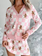 Sarah Express Women's Gingerbread Checkered Cardigan and Skirt Sweater Set Pink