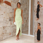 Sarah Express Women's Halter Backless Maxi Dress High Slit Bodycon Evening Party Long Dress