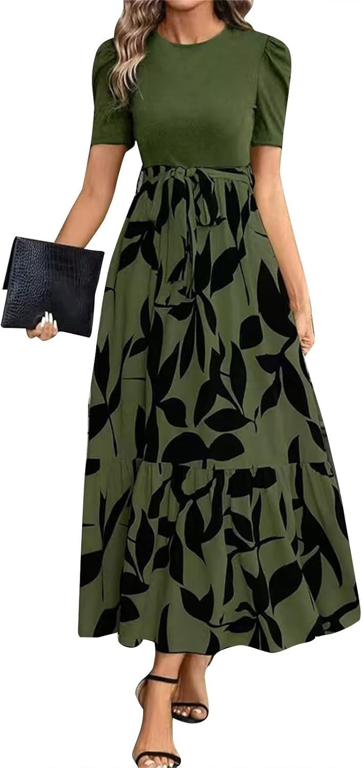 Sarah Express Women's Floral Print Maxi Dress Round Neck Short Sleeve A-Line Vacation