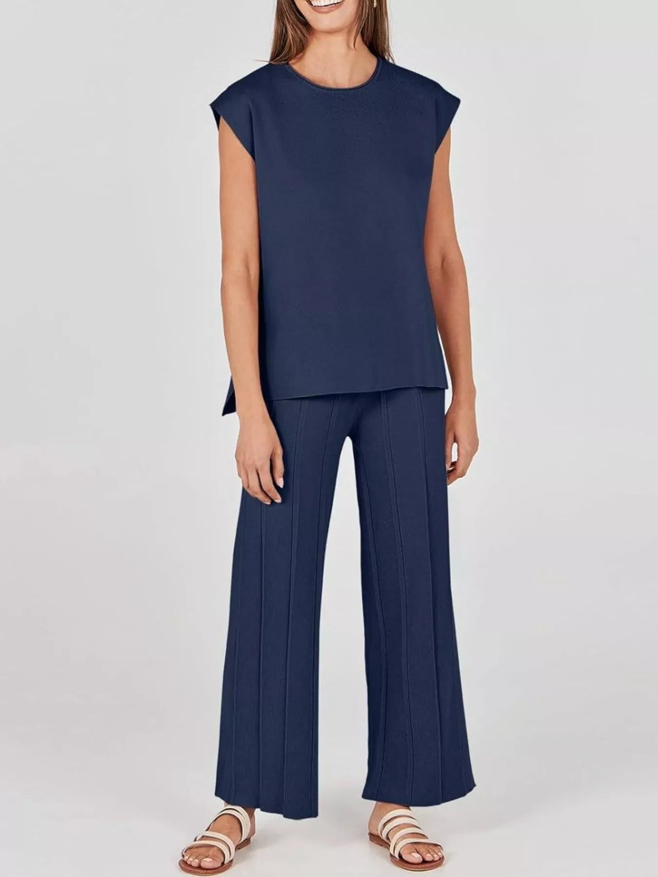 Sarah Express Women's Casual Solid Color Cap Sleeve Top and Pants Knit Set