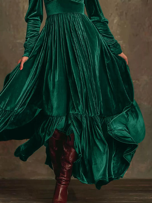 Sarah Express Women's Velvet Deep V-Neck Maxi Dress with Ruffled Details