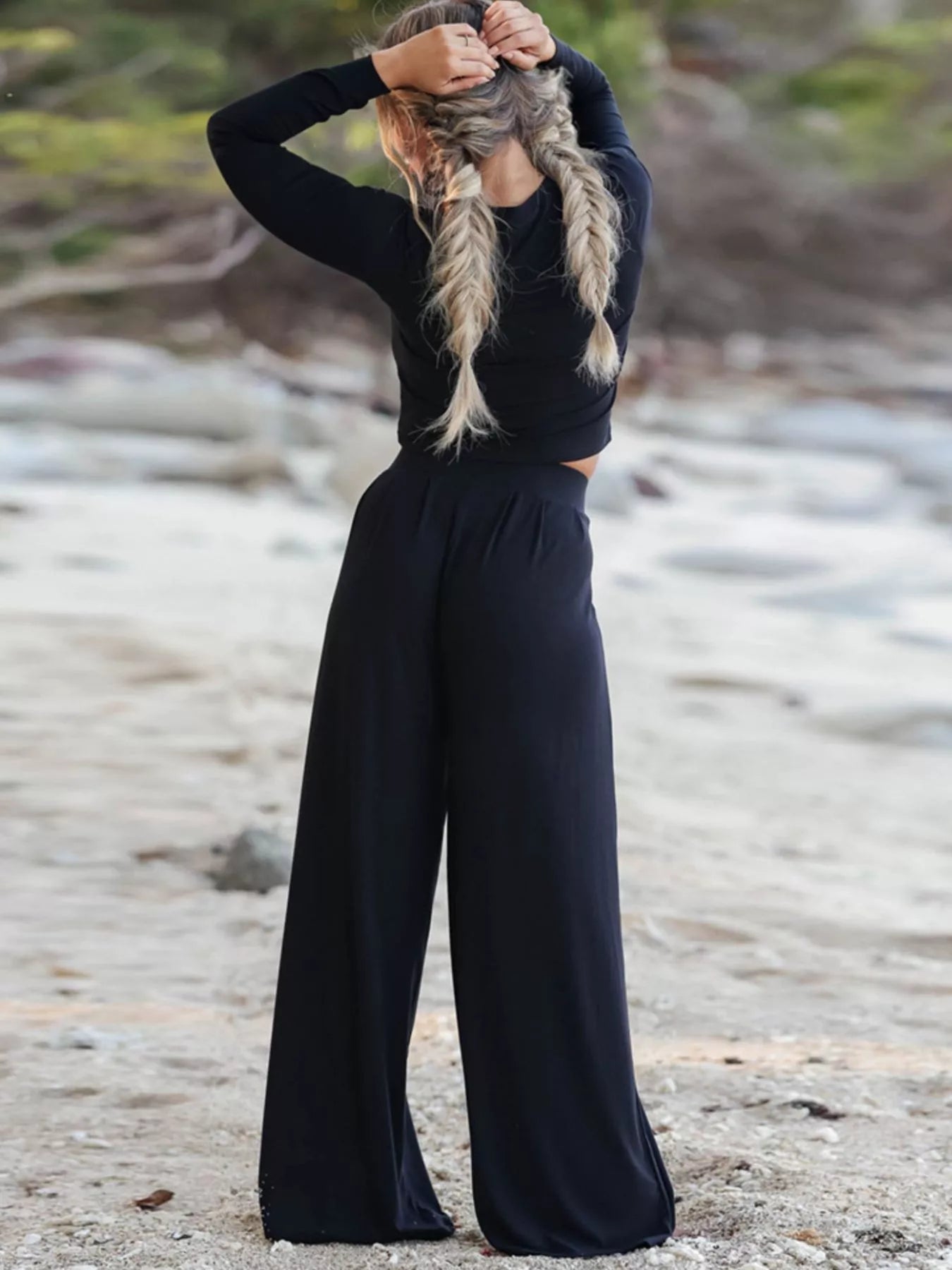 Sarah Express Women's Long Sleeve Crop Top and Wide Leg Pants Set