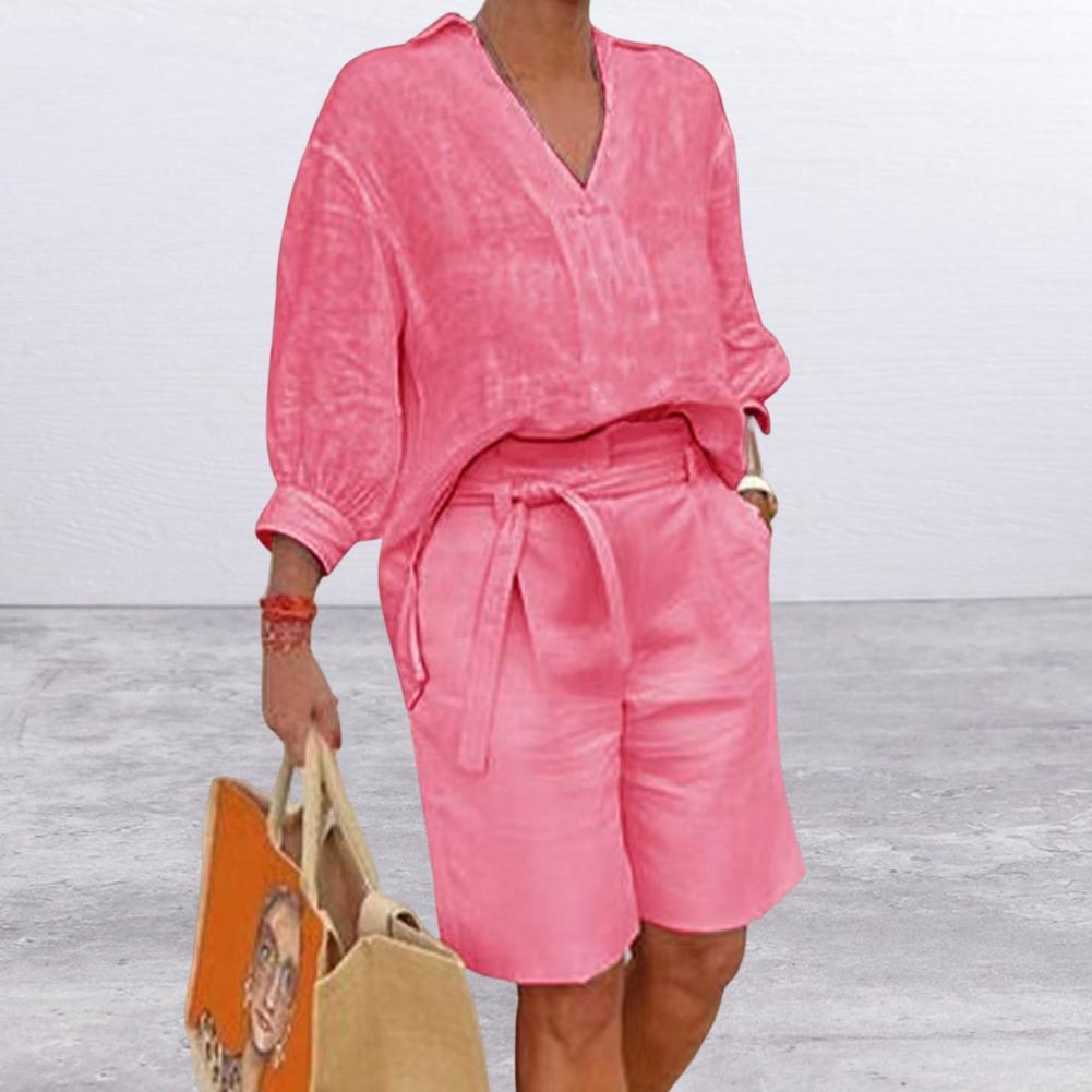 Sarah Express Women's Cotton Linen Half Sleeve Top and Capri Pants Two-Piece Casual Set