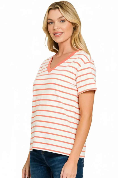 Sarah Express Women's Striped V-Neck T-Shirt - Coral White Short Sleeve Cotton Blend Top