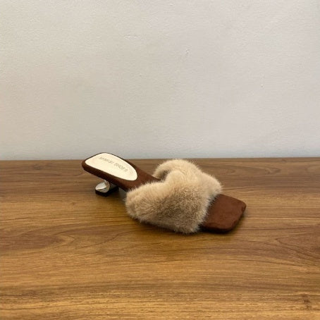 Sarah Express French-Style Chic Fluffy Slippers for Women | Square Toe Slip-On House Shoes | Purple, White & Apricot