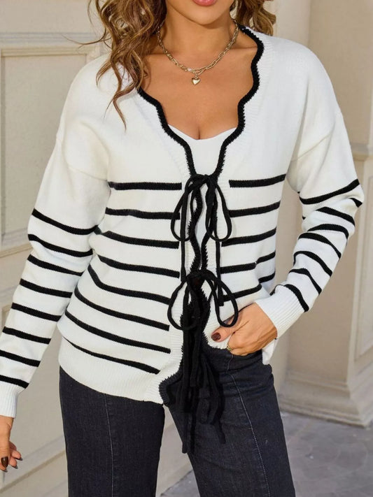 Sarah Express Women's Striped Tie Front Knit Cardigan Sweater White
