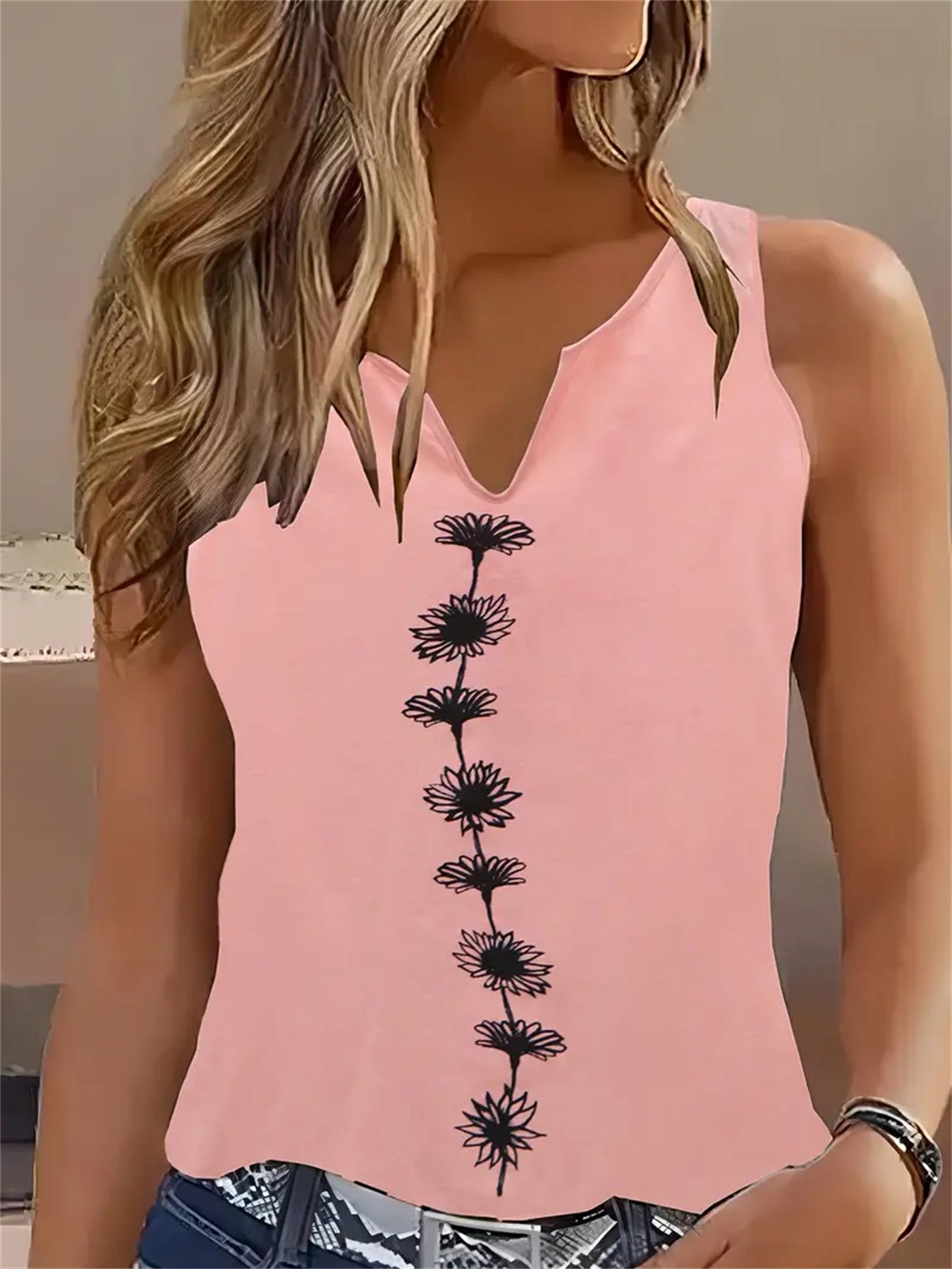 Sarah Express Women's Floral Print Tank Top Notch Neck Sleeveless Summer Casual Top