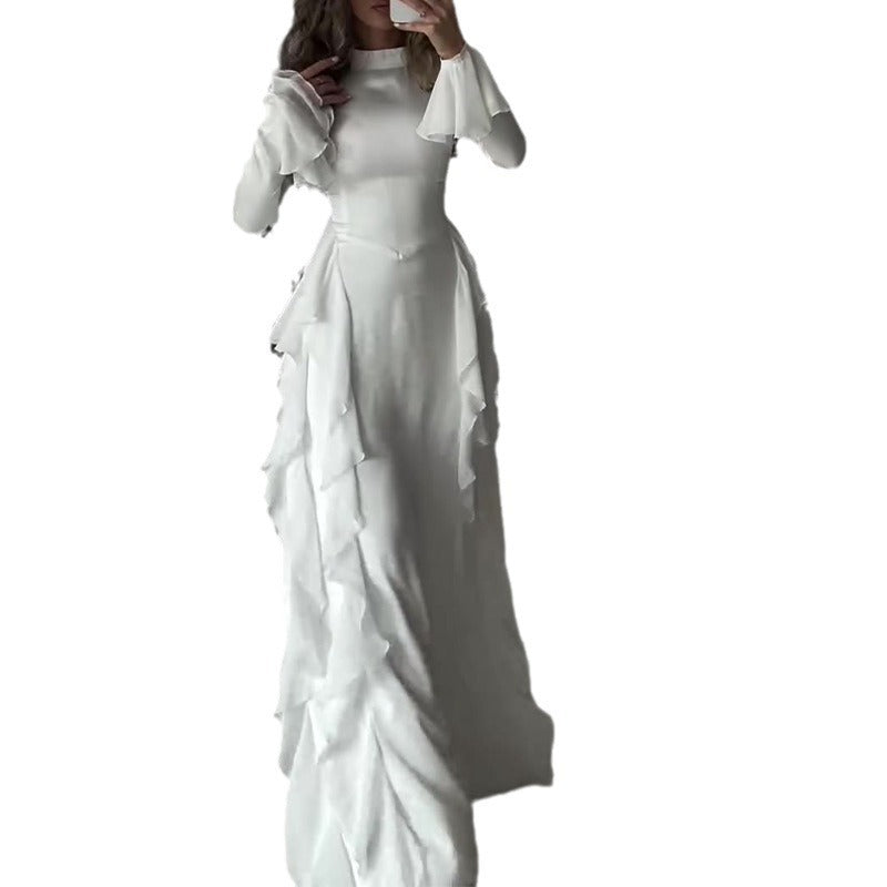 Sarah Express Women's High Waist Flared Sleeve Maxi Dress Round Neck Elegant Patchwork