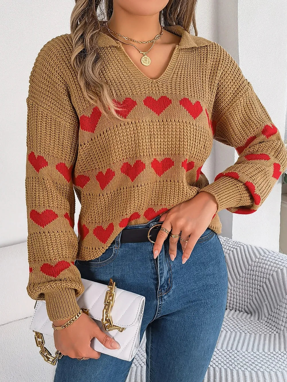 Sarah Express Women's Heart Johnny Collar Long Sleeve Sweater Camel
