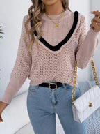 Sarah Express Women's Hollow-Out Knit Top with Contrast Trim