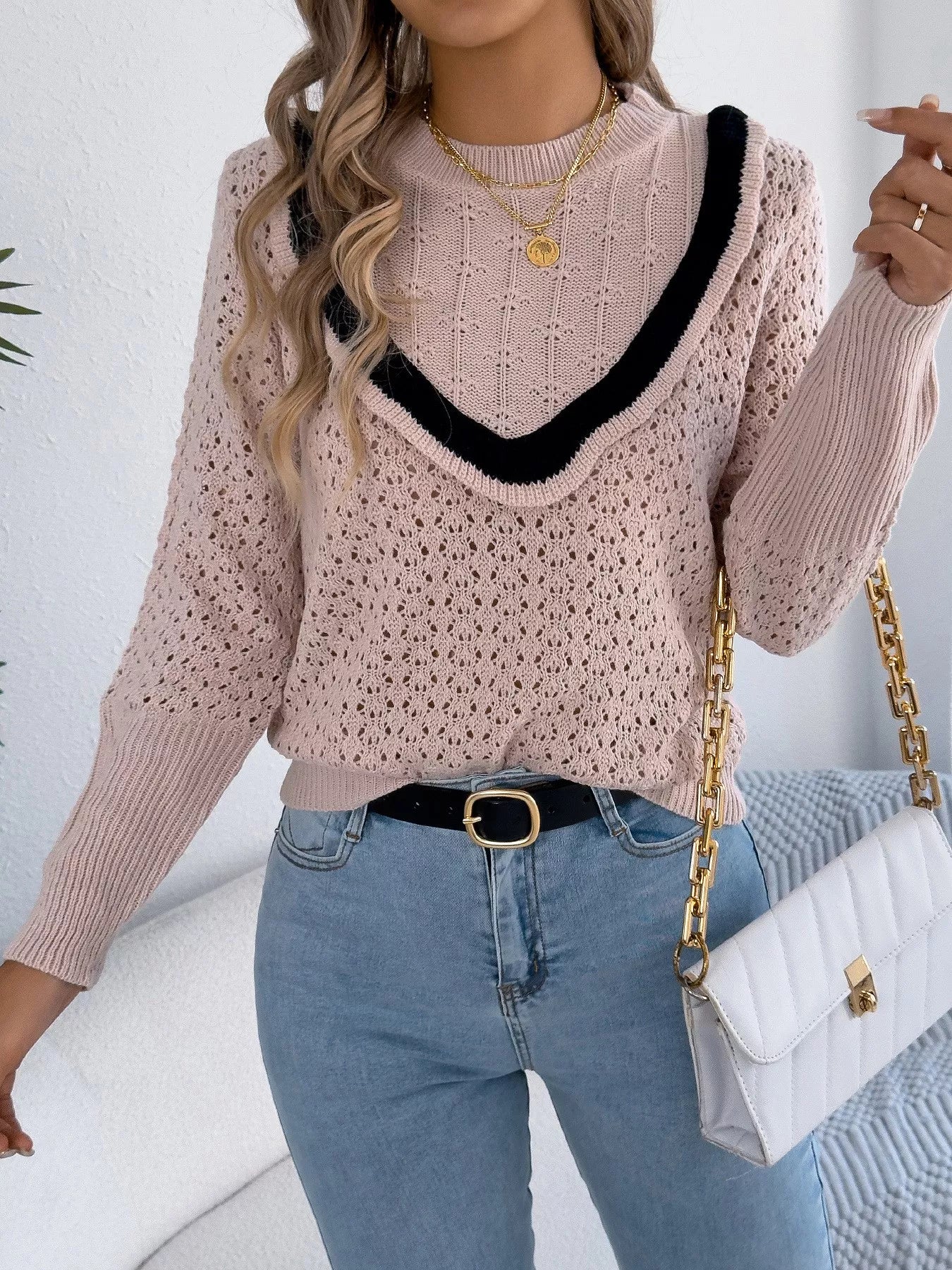 Sarah Express Women's Hollow-Out Knit Top with Contrast Trim