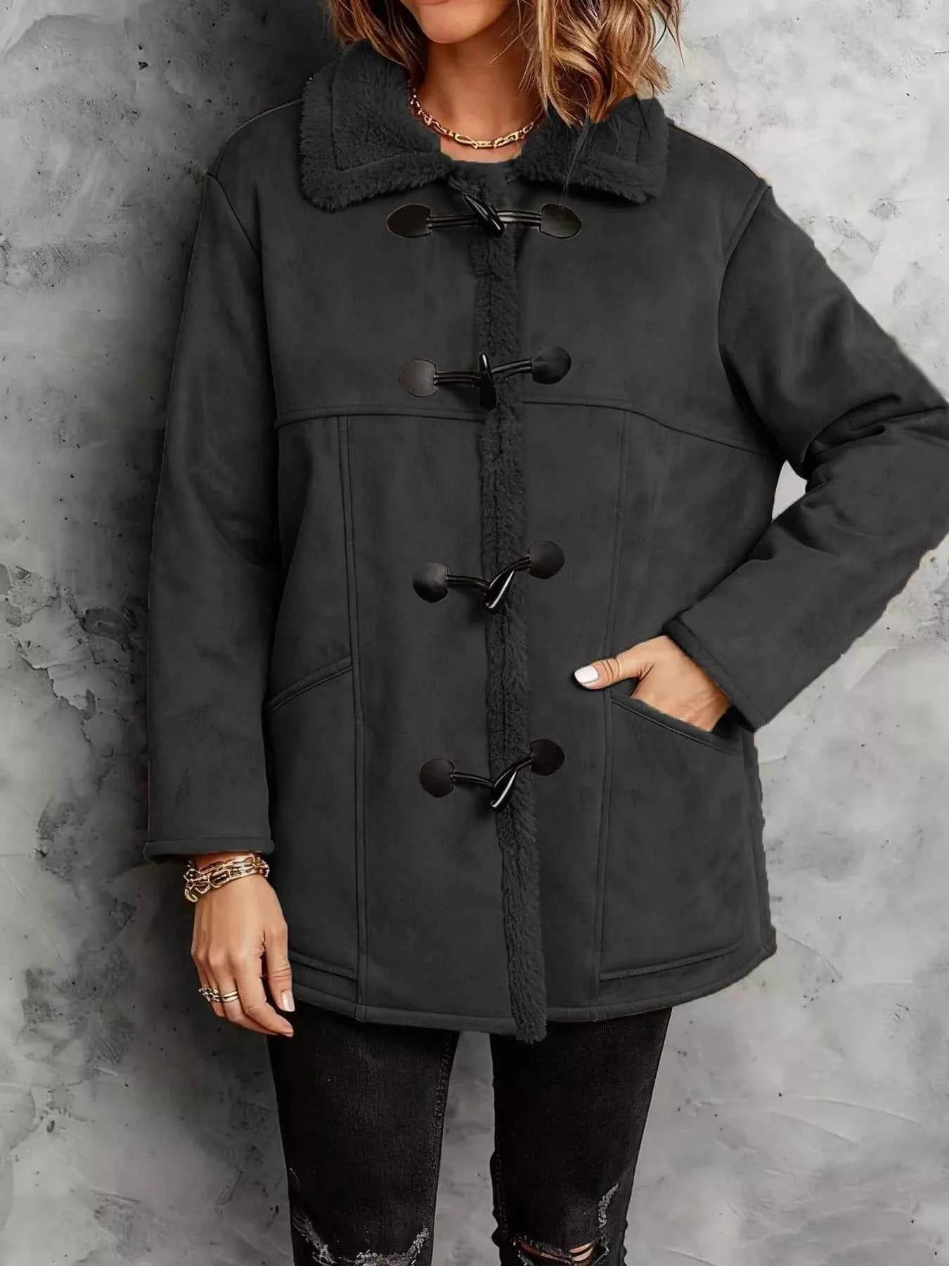 Sarah Express Women's Faux Suede Sherpa Lined Toggle Coat - Warm Winter Outerwear Black