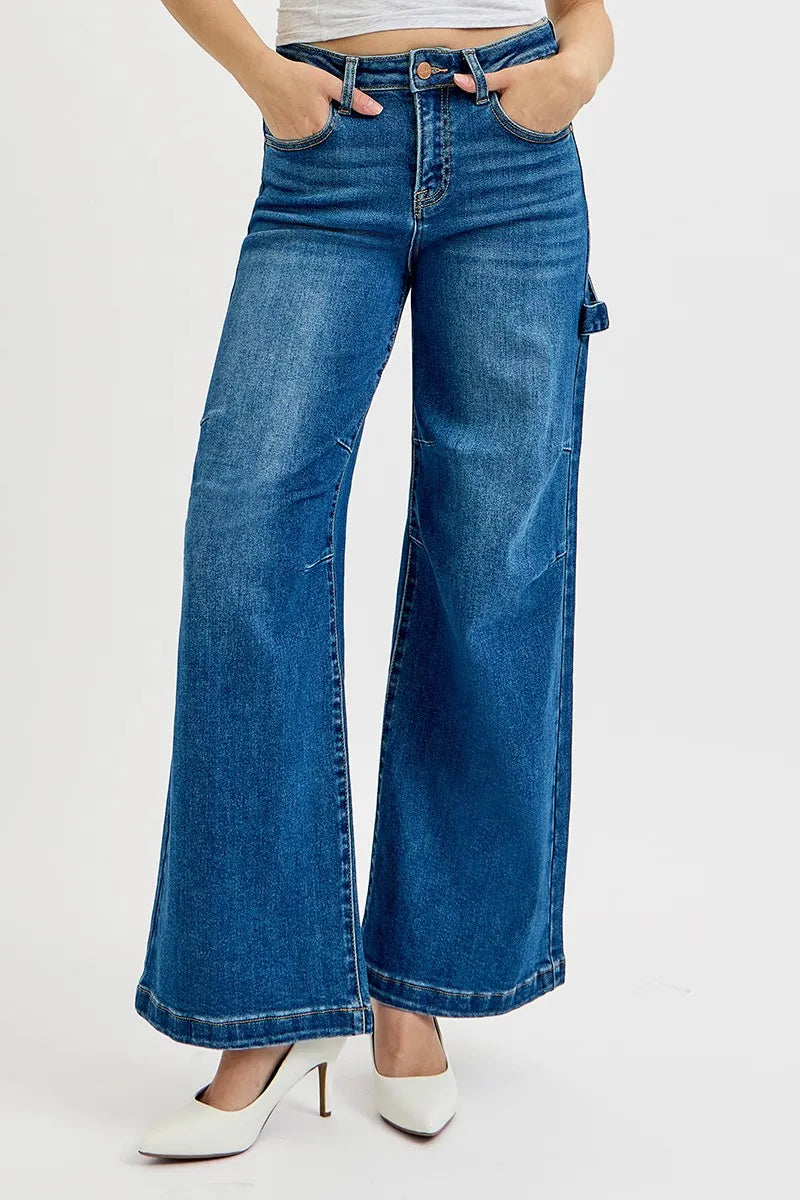 Sarah Express Women’s Plus Size High Rise Wide Leg Jeans with Patch Detail