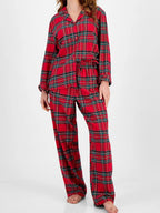 Sarah Express Women's Plaid Collared Neck Button Up Top and Pants Lounge Set Deep Red