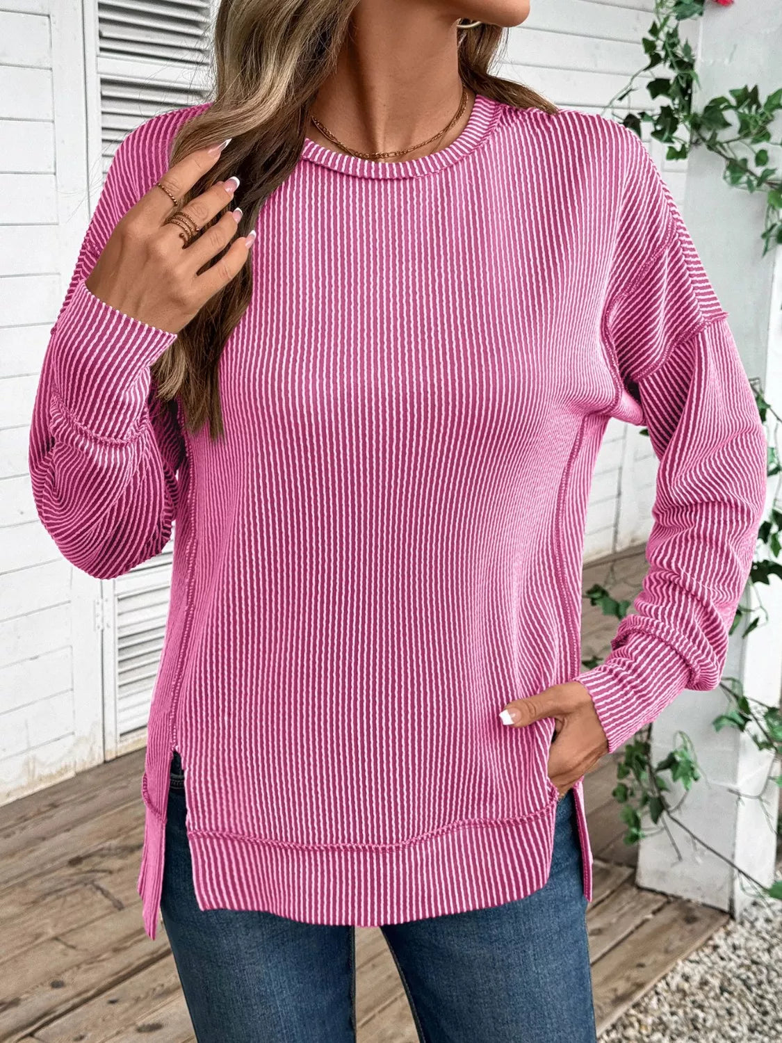 Sarah Express Women's Side Slit Round Neck Sweatshirt