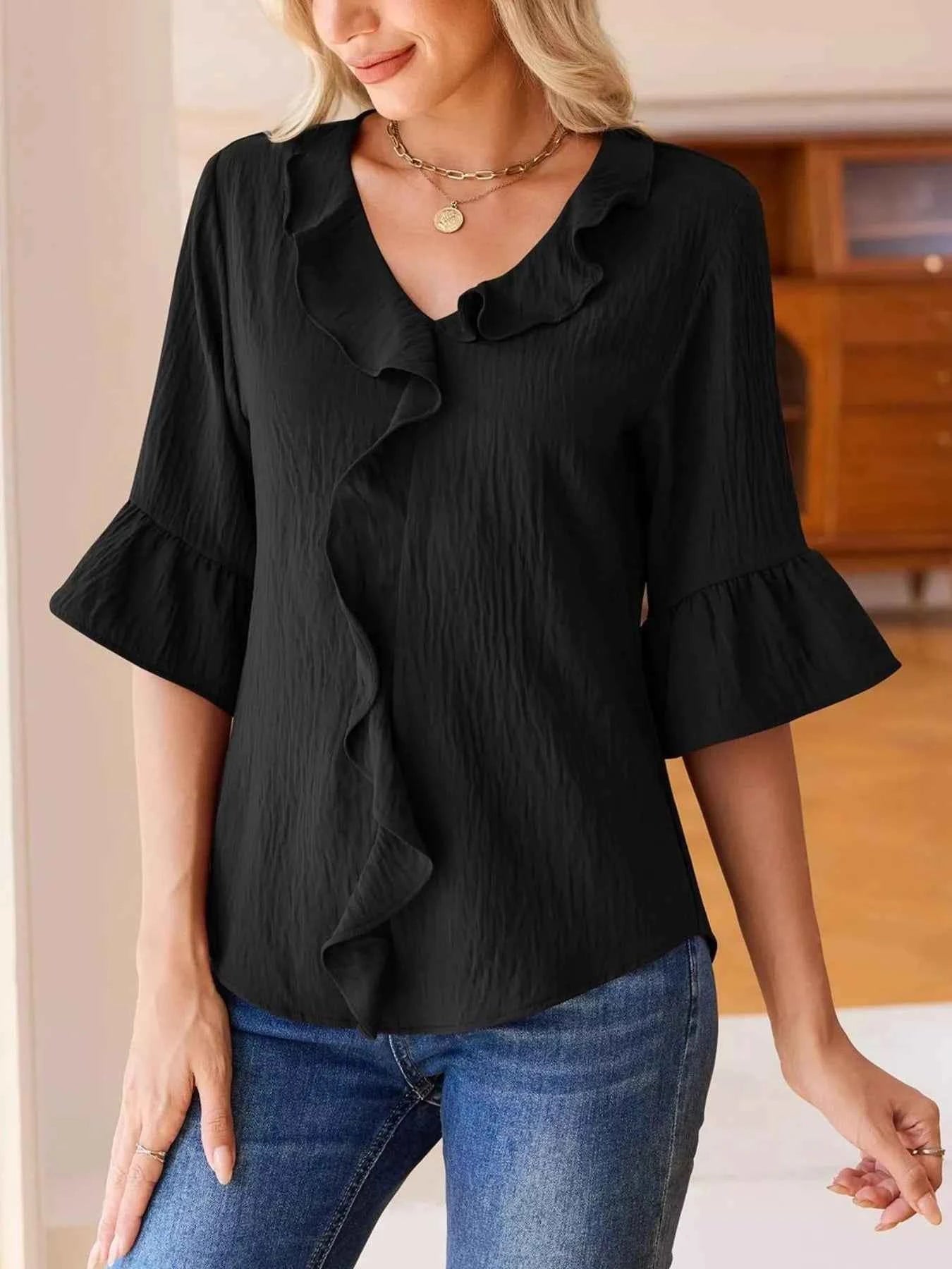 Sarah Express Women's Ruffled Flounce Sleeve Blouse - Elegant Polyester Top