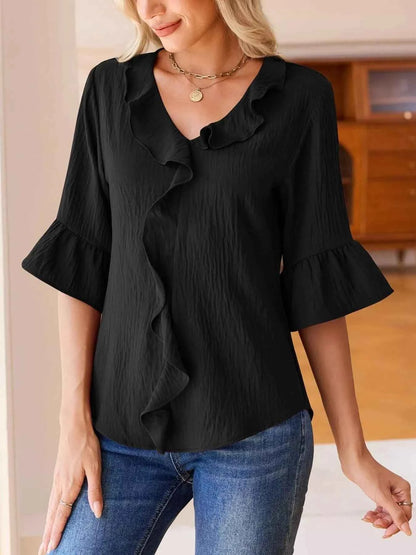 Sarah Express Women's Ruffled Flounce Sleeve Blouse - Elegant Polyester Top