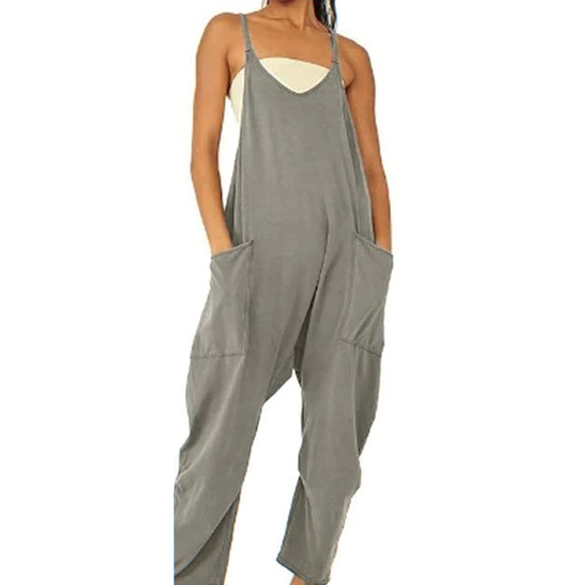 Sarah Express Women's Knitted Spaghetti Strap Jumpsuit - Loose Fit Wide Leg Overalls with Pockets